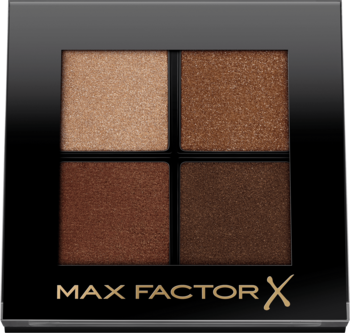 Max Factor Colour Expert Mini Palette: cztery satynowe i błyszczące brązowo-złote cienie w czarnym kompakcie.