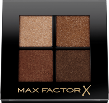 Max Factor Colour Expert Mini Palette: cztery satynowe i błyszczące brązowo-złote cienie w czarnym kompakcie.