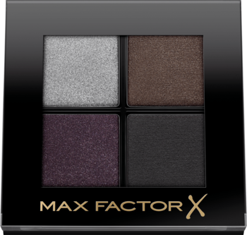 Czarna paleta Max Factor Colour Expert z 4 satynowymi cieniami: srebrnym, brązowym, czarnym i śliwkowym. Widok z góry.