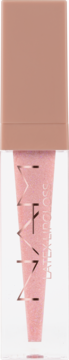 Błyszczyk do ust NAM Latex Lipgloss, shimmery różowy w przezroczystej butelce z beżową zakrętką, widok z przodu.