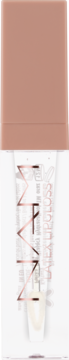 Przejrzysty błyszczyk NAM Latex Crystal Clear w buteleczce, z beżową zakrętką i różowo-złotym logo.