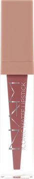 NAM Iconic Matte Lipstick, matowa pomadka nude, w beżowej tubce z przezroczystym korpusem i srebrnym napisem.