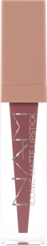 NAM Iconic Matte Lipstick, odcień Vanilla Queen. Beżowo-brązowa, matowa pomadka w przezroczystej tubce z brązową nakrętką, widok pionowy.