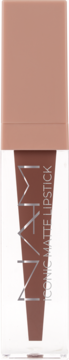 NAM Iconic Matte Lipstick, odcień Toffee, w przezroczystej tubie z brązową nakrętką, widok z przodu.