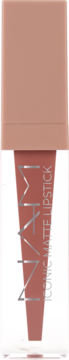 NAM Iconic Matte Lipstick, matowa pomadka płynna w odcieniu Mocha Nude. Przezroczysta tubka, widok z przodu.
