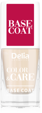 Przezroczysta butelka z jasnobeżową bazą Delia Color&Care. Wzmacnia paznokcie, czerwony top na białej zakrętce.