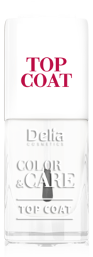 Delia Cosmetics Color&Care Top Coat, przezroczysty lakier nabłyszczający i wzmacniający paznokcie, widok z przodu.