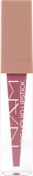 Pomadka NAM Epic Liquid Lipstick Vintage Pink, matowa, w transparentnej butelce z beżową zakrętką, widok z przodu.