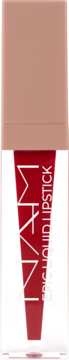 Czerwona pomadka NAM Epic Liquid Lipstick nr 4 Russian Red w przezroczystej tubie z beżową nakrętką, widok z przodu.