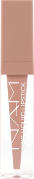 NAM Epic Liquid Lipstick Cotton Candy, jasnobeżowa pomadka w przezroczystej butelce z widocznym napisem, widok z przodu.