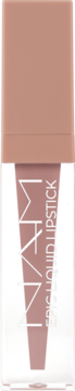 NAM Epic Liquid Lipstick nr 7 Beige Nude w przezroczystej tubie z beżową nakrętką, widok z przodu. Logo pionowo.
