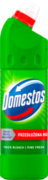 Zielona butelka Domestos Przedłużona Moc Thick Bleach Pine Fresh z biało-czerwoną nakrętką, widok z przodu.