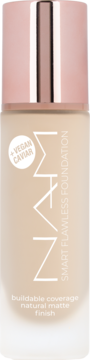 Beżowy, matujący podkład NAM Smart Flawless Foundation z wegańskim kawiorem, widok z przodu.