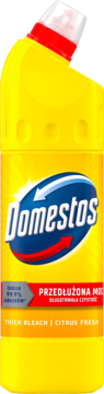 Domestos Przedłużona Moc Citrus Fresh, żółta butelka, gęsty wybielacz dezynfekujący, widok z przodu.