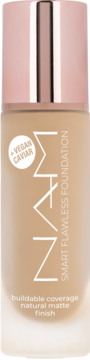 NAM Smart Flawless Foundation, beżowa butelka z różowo-złotą zakrętką, z tekstem +Vegan Caviar i natural matte finish.