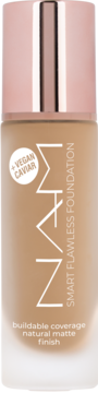 NAM Smart Flawless Foundation: beżowy podkład z wegańskim kawiorem, matowy, w szklanej butelce, widok z przodu.