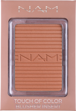 NAM Touch of Colour Blusher Insert #4 Sunkissed, pomarańczowo-brązowy z logo, w kartonie, przód.