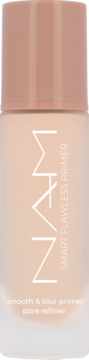 Baza NAM Smart Flawless Primer w matowej butelce z beżową nakrętką. Widok z przodu, idealna do wygładzania porów.