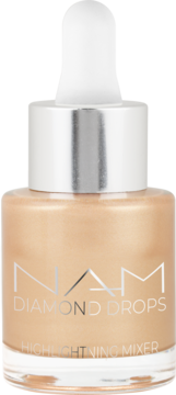 Złoty płynny rozświetlacz NAM Diamond Drops w szklanej butelce z zakraplaczem, widok z przodu, błyszczące wykończenie.