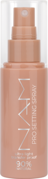 NAM Pro Setting Spray, brzoskwiniowa mgiełka utrwalająca makijaż z matowym wykończeniem, 90% naturalna, widok z przodu.