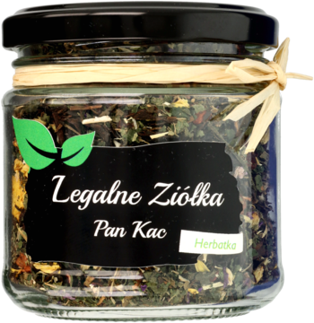 Słoiczek Legalne Ziółka Pan Kao Herbatka, szklany, czarna etykieta z zielonym liściem, beżowa wstążka, przód.