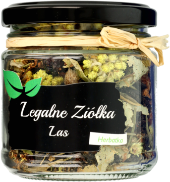 Szklany słoik Legalne Ziółka Las, widok z przodu, mieszanka suszonych ziół, czarna etykieta z wstążką.