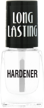 Ados Long Lasting Nail Hardener w przezroczystej butelce z czarną nakrętką, napis "LONG LASTING" na czarnym tle, widok frontalny.