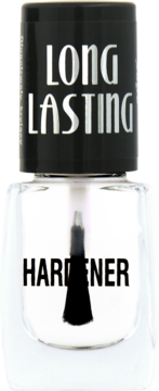 Przezroczysty utwardzacz do paznokci Ados Long Lasting z widocznym pędzelkiem. Czarna nakrętka z białym napisem.