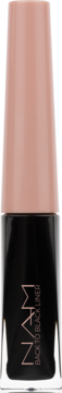 Eyeliner NAM Back To Black, czarna butelka z różowym korkiem i napisem, widok z przodu.