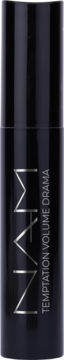 Czarny tusz NAM Temptation Volume Drama Mascara, pionowy widok, srebrne logo i napisy.
