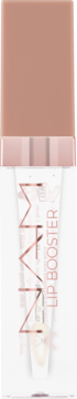 NAM Lip Booster, przezroczysty wegański topper do ust z beżowa nakrętką, widok z przodu.