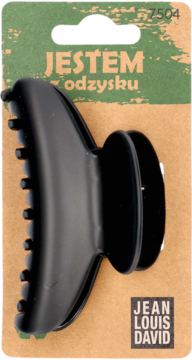Duża czarna spinka do włosów Jean Louis David z recyklingu, na brązowym kartoniku "JESTEM Z ODZYSKU".