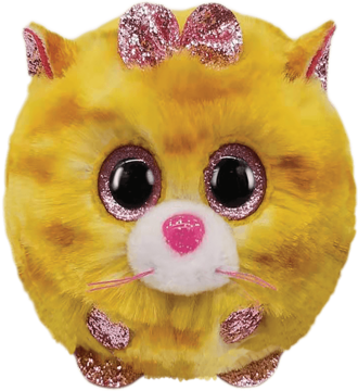 Maskotka yellow cat. Okrągła, pluszowa, żółto-pomarańczowa z brokatowymi oczami i różową kokardką, widok centralny.