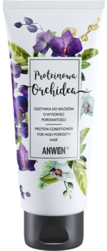 Anwen Proteinowa Orchidea Conditioner, white tube with purple orchid graphic, for high porosity hair, front.