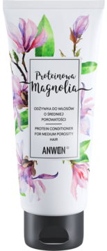 Biała tuba odżywki Anwen Proteinowa Magnolia dla włosów średnioporowatych, z ilustracjami magnolii, widok z przodu.