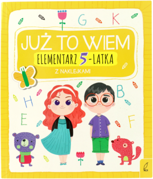 Kolorowa okładka książki 'Elementarz 5-latka' z naklejkami, z dziećmi, zwierzętami i literami, widok z przodu.