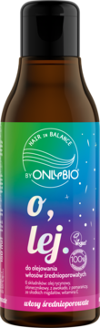 OnlyBio Olej O, lej. do włosów średnioporowatych, brązowa butelka z kolorową etykietą, widok z przodu.
