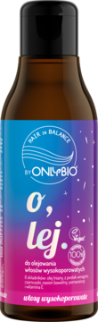 Olej OnlyBio Hair in Balance O, lej do włosów wysokoporowatych, brązowa butelka z niebiesko-różową etykietą, widok z przodu.