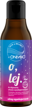 Olej OnlyBio Hair in Balance O, lej do włosów wysokoporowatych, brązowa butelka z niebiesko-różową etykietą, widok z przodu.