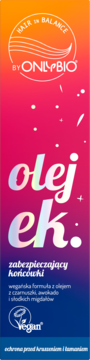 ONLYBIO Hair Balance olejek zabezpieczający końcówki. Kolorowa butelka, vegan, z czarnuszką, awokado i migdałami.