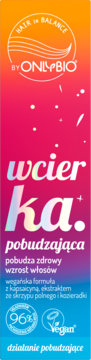 Wcierka pobudzająca OnlyBio na porost włosów z kapsaicyną. Opakowanie w gradientach pomarańczu, różu i błękitu.