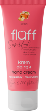 Różowy krem do rąk Fluff Superfood nawilżający, z ekstraktem z brzoskwini i antybakteryjnym tymiankiem, widok z przodu.