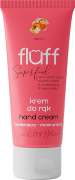 Różowy krem do rąk Fluff Superfood nawilżający, z ekstraktem z brzoskwini i antybakteryjnym tymiankiem, widok z przodu.