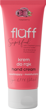 Różowy krem do rąk Fluff Superfood Raspberry, intensywnie nawilżający, widok z przodu tubki z białymi napisami.