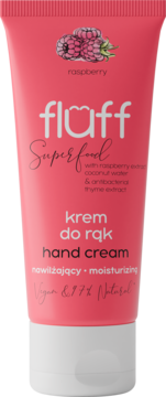 Różowy krem do rąk Fluff Superfood Raspberry, intensywnie nawilżający, widok z przodu tubki z białymi napisami.