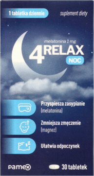 Niebieskie pudełko 4RELAX NOC, suplementu diety z melatoniną, widok z przodu, z białym księżycem.