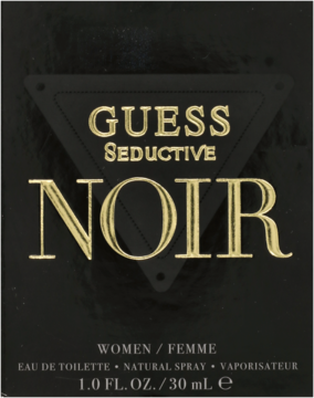 Guess Seductive Noir woda toaletowa dla kobiet, czarne opakowanie ze złotym, wyrazistym napisem.