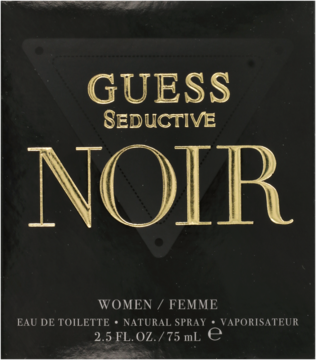 Czarne opakowanie perfum Guess Seductive Noir dla kobiet ze złotymi napisami, widok z przodu.