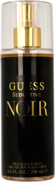 Guess Seductive Noir perfumowana mgiełka do ciała w czarnej butelce z złotymi napisami, widok z przodu.
