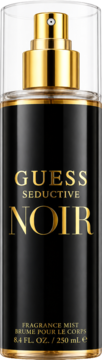 Guess Seductive Noir Fragrance Mist 250ml w czarnej butelce z złotym napisem i atomizerem, widok z przodu.